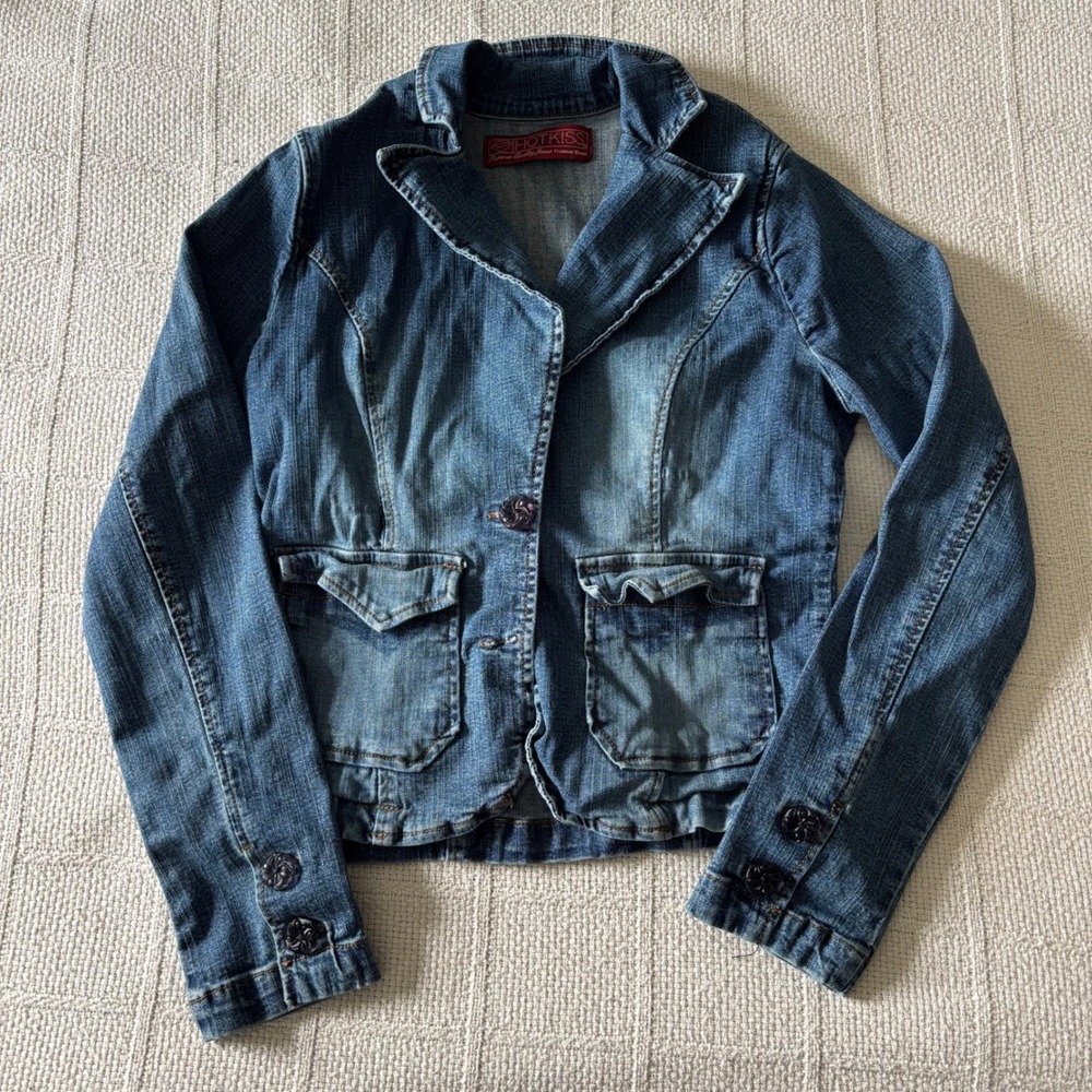 Women's Small Y2K HOT KISS Denim Stretch Long Sleeve Blazer Jacket